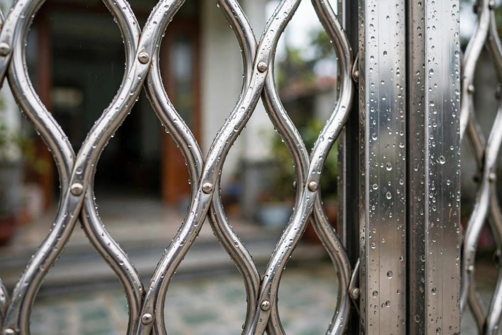 Cận cảnh thanh uốn sóng cửa kéo Cà Mau bằng inox chống gỉ sau mưa