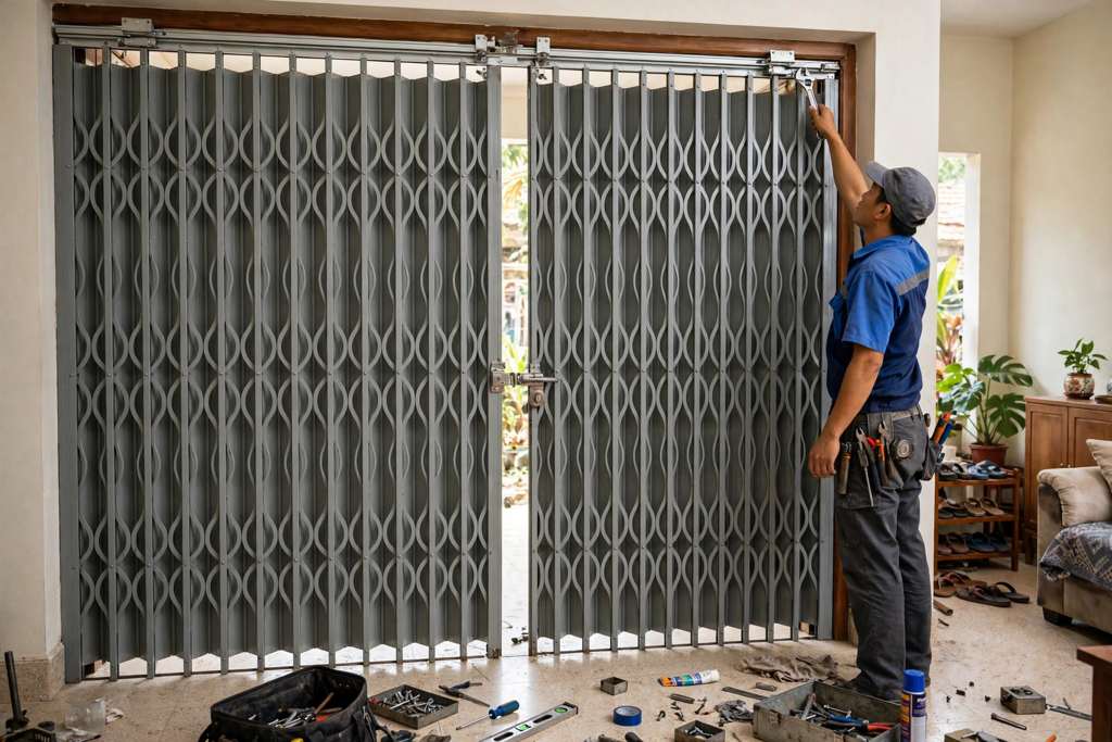 Thợ lắp đặt cửa kéo Cần Thơ đang căn chỉnh bi treo trên khung cửa