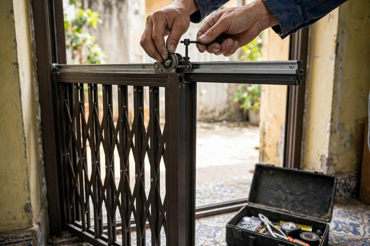 Thợ lắp đặt cửa kéo Đắk Lắk căn chỉnh ray và bánh xe cửa công nghệ Đức