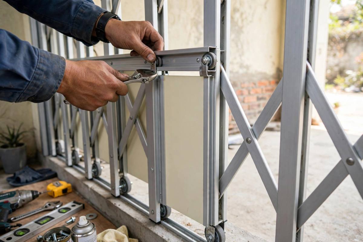 Thợ lắp đặt cửa kéo Tiền Giang đang căn chỉnh ray và bánh xe